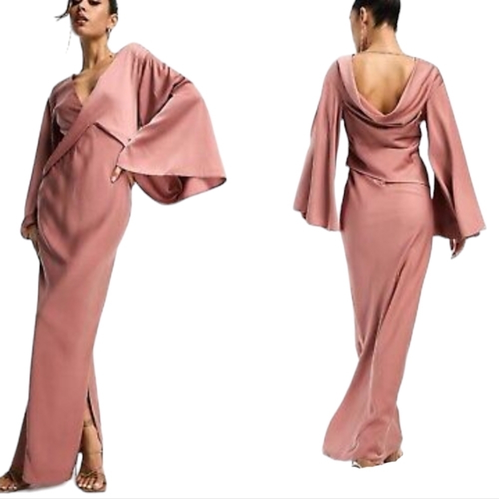 Asos Design Womens Satin Batwing Sleeves Maxi Dress Pink  Drape‎ Bodice